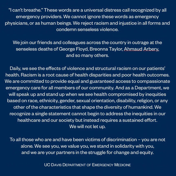 UC Davis Emergency Medicine committed to EDI statement